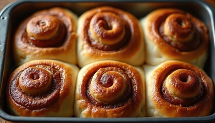 Six freshly baked cinnamon rolls with gooey caramel and sweet icing sit in baking pan. Fluffy, buttery dough is golden brown with hint of spice, perfect for delicious breakfast or dessert treat.