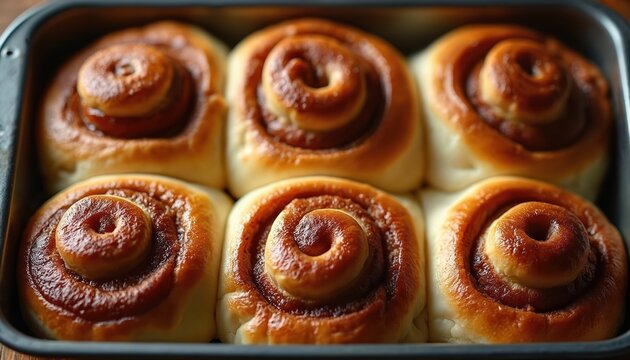 Six freshly baked cinnamon rolls with gooey caramel and sweet icing sit in baking pan. Fluffy, buttery dough is golden brown with hint of spice, perfect for delicious breakfast or dessert treat. - Powered by Adobe