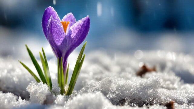 A vibrant purple crocus flower emerges from a bed of glistening snow, showcasing the arrival of spring amidst winter's lingering touch.