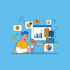 Man analyzing financial data on a laptop with charts and coins.