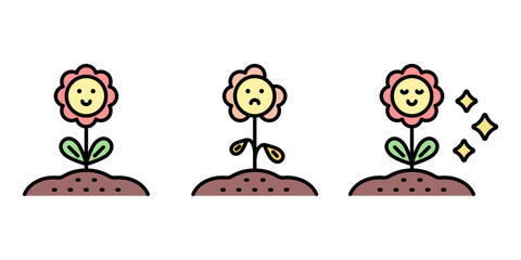식물 꽃 캐릭터 컬러 라인 아이콘