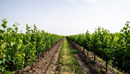 Naklejka premium Green Vineyard Rows Under a Bright Sky