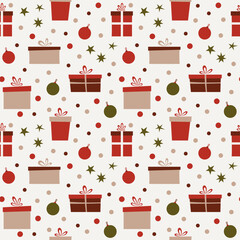 Christmas gift boxes, Christmas tree toys, winter seamless pattern, graphic vector illustration. Festive color New Year's background for decoration, packaging, wrapping paper, fabric, flat design