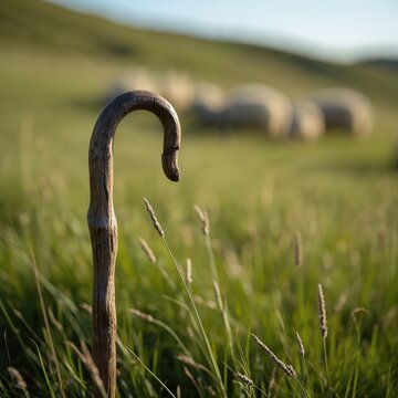 Rustic wooden shepherd crook stands in vibrant green grassy field. Sheep graze in blurred background under clear sky. Hand-made tool pastoral life, agriculture, traditional craftsmanship in peaceful