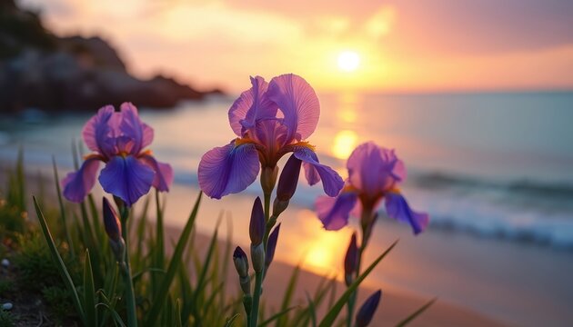 Purple irises bloom by calm ocean during serene sunset golden hour. Coastal landscape features vibrant flowers, tranquil sea, soft sand beach, gentle waves. Natural botanical beauty enhances summer