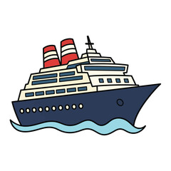 A colorful cartoon illustration of a large passenger cruise ship with two funnels, sailing on the ocean waves.
