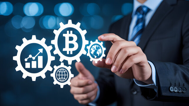 Professional businessman engages with digital currency gears for global growth - Powered by Adobe