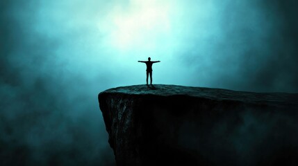 Naklejka premium a cliff with arms open wide, facing the horizon, symbolizing embracing life and hope, dramatic lighting, blurred background
