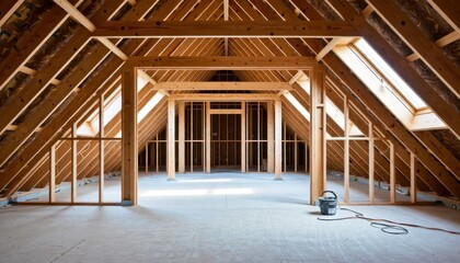 Construction progress inside a bright attic home renovation project captivating interior natural light high angle modern design