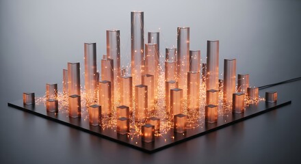 Abstract 3D rendering of glowing network connections between glass geometric shapes, illuminated bars and cubes, digital data visualization, futuristic technology concept