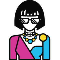 Illustration of a person with pixelated glasses, a necklace, and a colorful outfit.