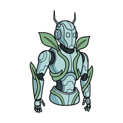 A futuristic humanoid robot with green vines and leaves growing around its metallic body, symbolizing a fusion of nature and technology.