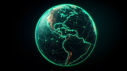 Obraz premium A glowing Earth is depicted against a black backdrop. The interconnected globe is illuminated with bright green lines and points, showcasing a network.