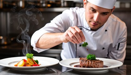 Preparing exquisite gourmet steak fine dining restaurant culinary art contemporary kitchen close-up food presentation