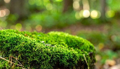 Close Up of Vivid Green Moss on a Forest Stump in Sunlight Outdoor