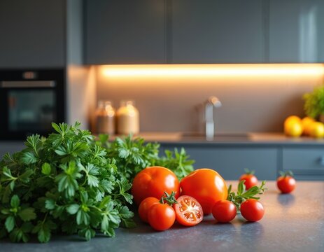 Fresh tomatoes, parsley arranged on modern kitchen counter. Sleek grey cabinets with warm under-cabinet lighting create vibrant atmosphere. Healthy meal planning with AR nutritional guide potential.