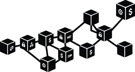 Digital blockchain network structure with currency symbols connected cubes for financial technology concept vector
