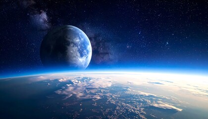 Stunning view of Earth from space with a celestial body in the distance.