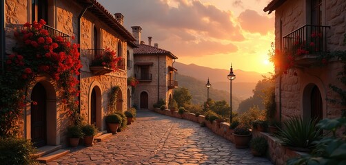 Romantic medieval village scene at sunset. Stone buildings with red flowers adorn a cobblestone path. Rich hills under warm, golden light. Peaceful Italian countryside, old European town atmosphere.