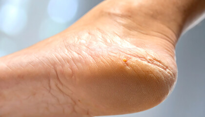 Fototapeta premium Close-up of a human heel with dry, cracked skin and a small lesion, indicating a need for foot care.