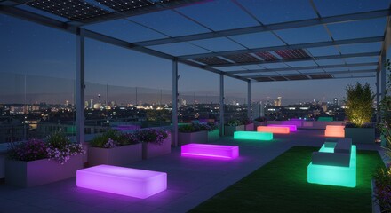 Vibrant rooftop lounge at night, featuring colorful LED-lit benches and modern planters, providing a chic urban escape with a city skyline backdrop