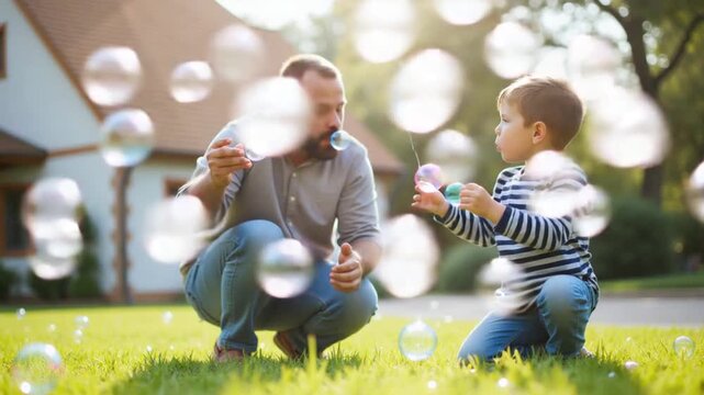 Dad and son blow bubbles on the lawn near the house.