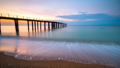 Sunrise pier over tranquil ocean