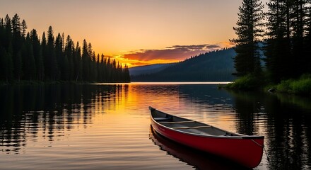 Obraz premium Canoe on Calm Lake at Sunset with Forest.