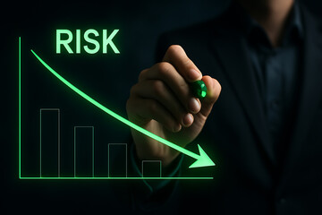 Business concept showing risk management with glowing digital line graph moving downward to represent lower investment risk