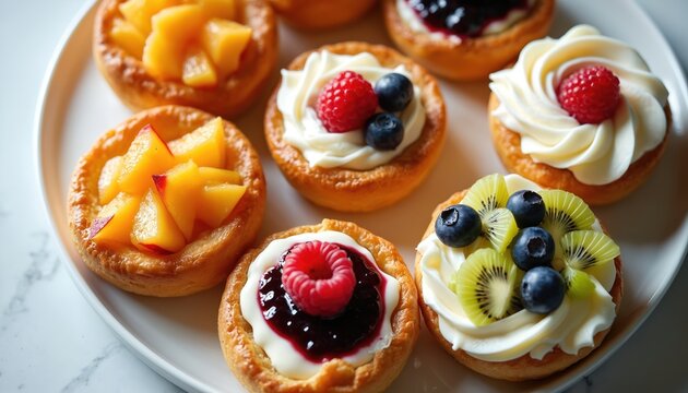 Assorted Danish pastries arranged on white platter. Varieties include fruit, custard, cream cheese fillings. Topped with fresh raspberries, blueberries, kiwi slices, berries. Sophisticated mix of