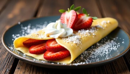 Golden-brown crepe, sliced strawberries, fluffy cream, powdered sugar , food photography, instafood