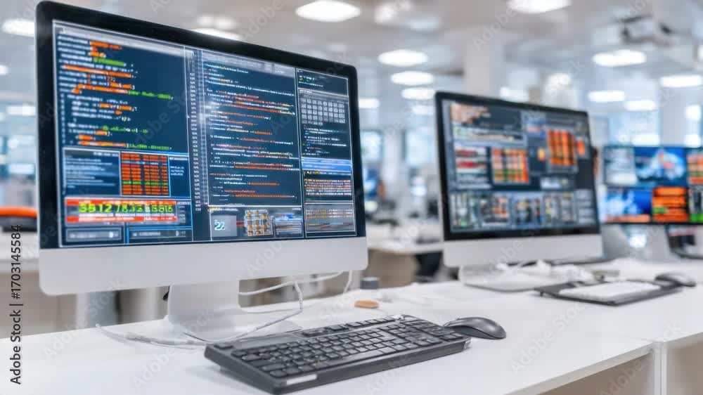 Wall mural Tech Workspace: Modern office with several computers displaying software code. A space where technology and innovation thrive, emphasizing connectivity and seamless workflow.