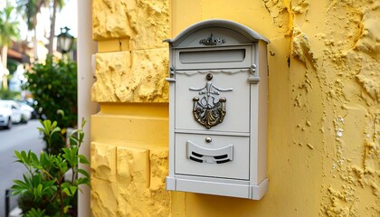 Decorative mail slot on a yellow building