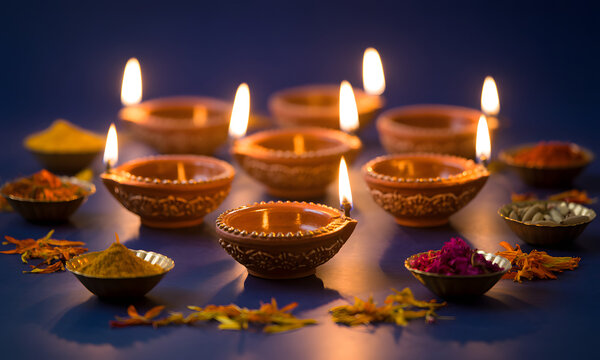 Diwali oil lamps and spices