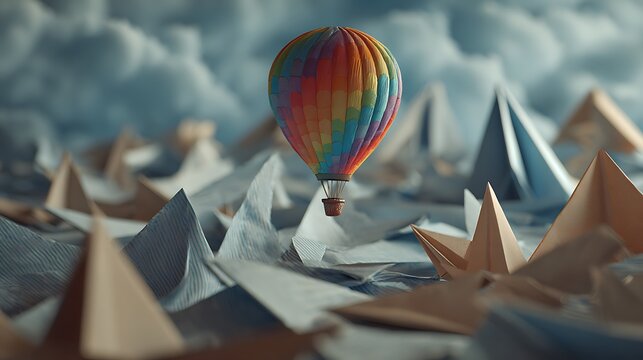 Balloon floating among paper planes dreamy atmosphere