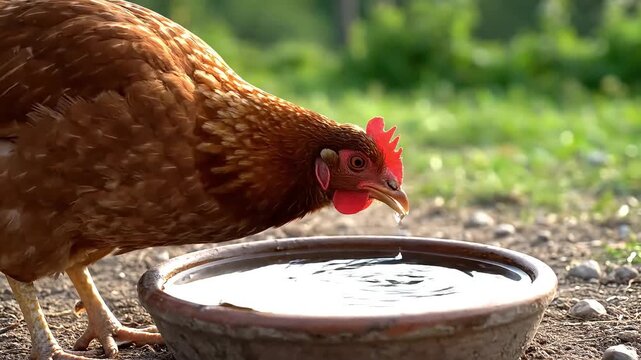 Brown chicken drinks water from a clay bowl on a sunny day in a farmyard with a blurred green background, focusing on hydration and rural life.