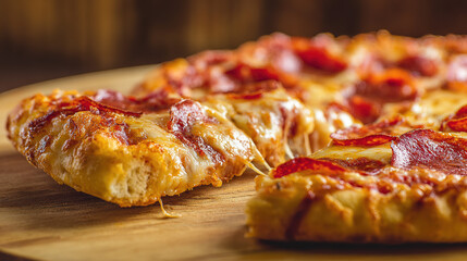 hunger. Delicious pepperoni pizza with melted mozzarella cheese on a rustic wooden surface. representing modern convenience, menu design, designed for food delivery and cloud-kitchen brand materials.