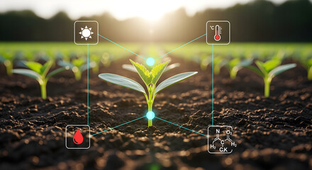 Close Up of Green Plant Sprout on Black Soil with Overlayed IOT Graphics Under Bright Sunlight