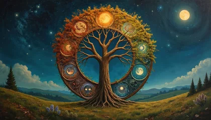 Stickers Meisjeskamer Wheel of Year illustration nature cyclical journey, Wicca, Pagan spirituality. Central tree with roots grounds dynamic seasonal changes, celestial bodies, set against starry night sky, rolling hills.  © Viktor