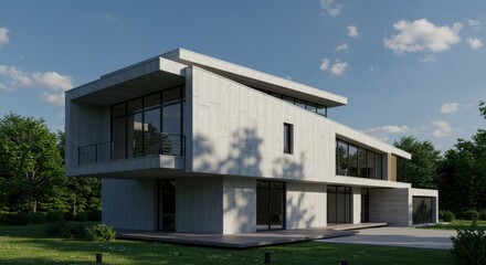 Striking contemporary luxury residence with minimalist concrete and expansive glass facade, designed for harmonious integration within a lush natural landscape