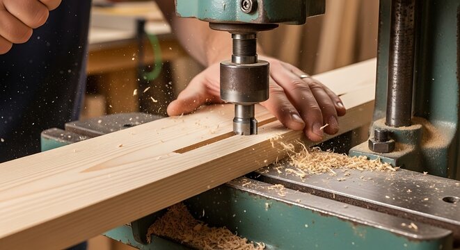 Close-up of a person using a drill press to create a slot in a wooden plank, generating wood shavings.