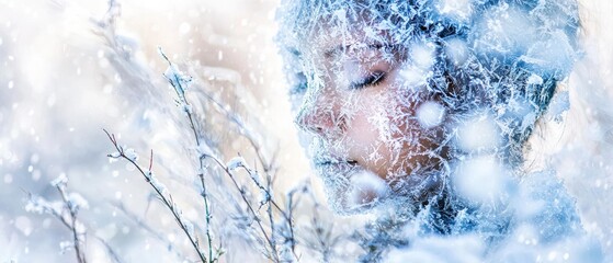 Woman's face covered in ice crystals, eyes closed, near snowy branches. AI.