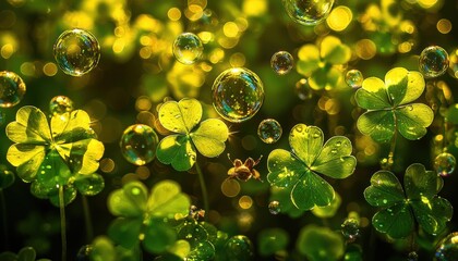 Green clover leaves and transparent bubbles are seen against a blurry, sunlit background. AI.