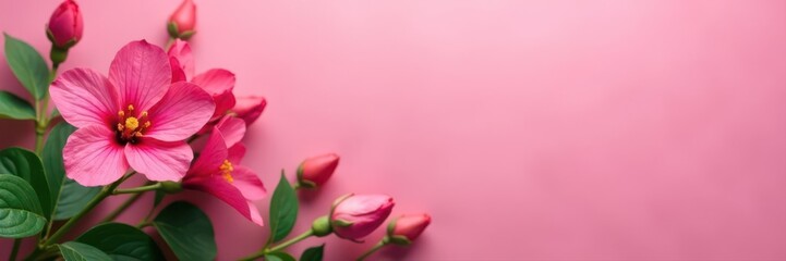 Pink banner featuring vibrant eustoma flowers and verdant foliage, macro, garden