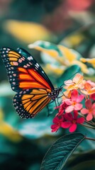 A butterfly with orange and black wings rests on small pink and peach flowers. AI.