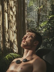 A man with closed eyes sits with stones on his chest, basking in sunlight near bamboo and greenery. AI.