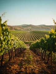 Rows of grape vines form a pattern in a vineyard, leading toward distant hills under a clear sky. AI.