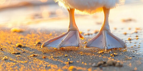 Bird feet stand on a sandy beach. The sun is setting in the background. AI.