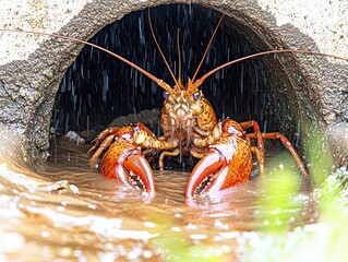 A colorful crayfish emerges from a concrete culvert with water flowing during rainfall. AI.