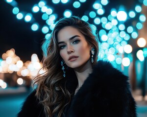 Woman with wavy hair, wearing a fur coat and earrings, with lights blurred in the background. AI.